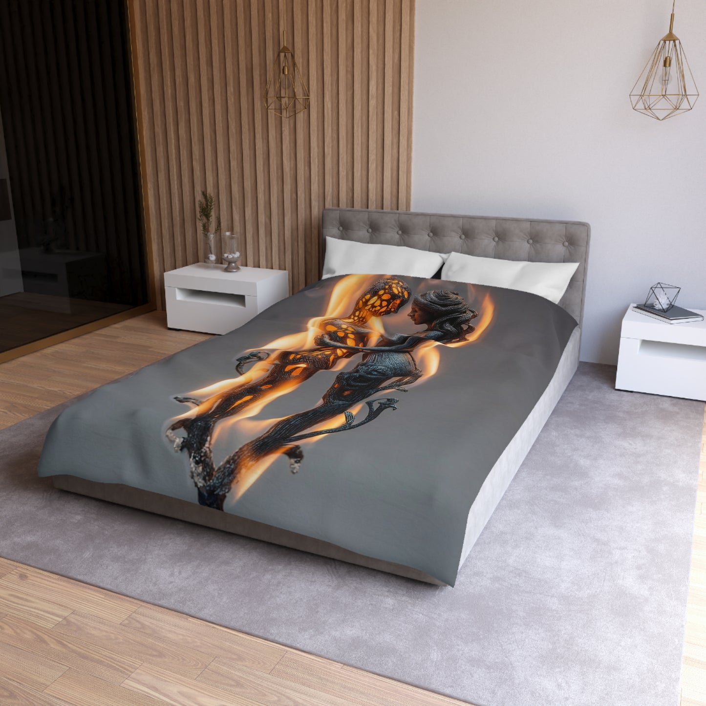 Flame-Embraced Lovers Microfiber Duvet Cover – Intertwined in Gilded Fire