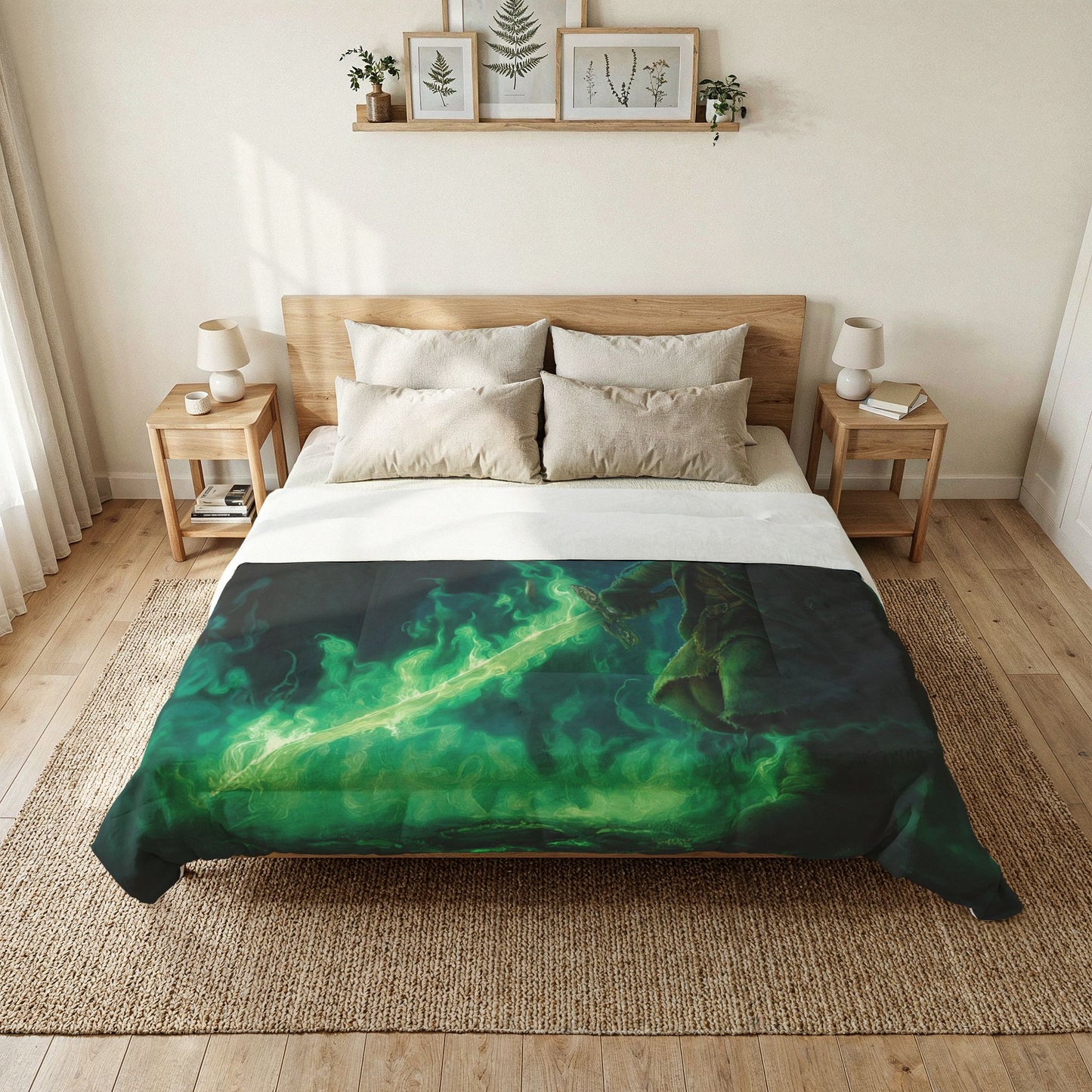 Green Flame Sentinel Comforter – Moss-Guarded Alleyway Dreamscape