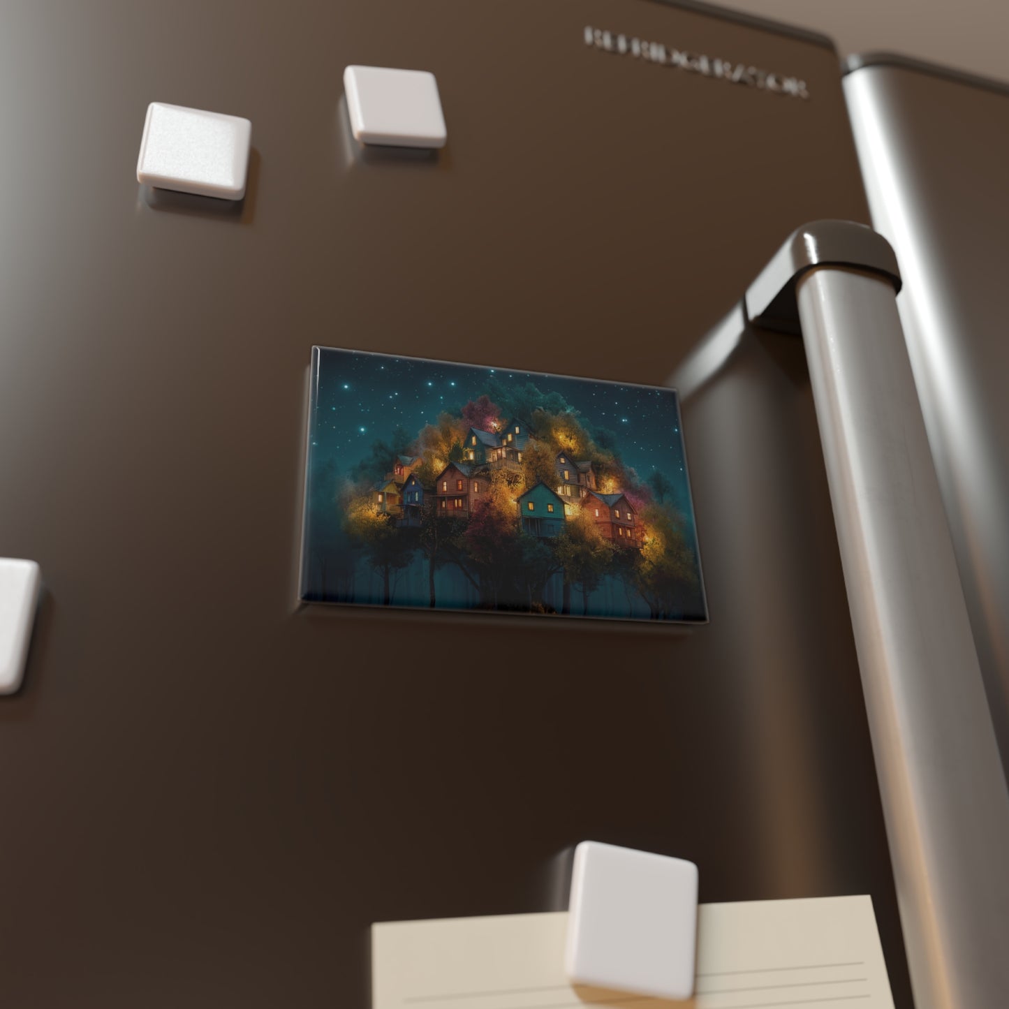 Starlit Hillside Village Button Magnet, Rectangle (1 & 10 pcs) – Warm Lights in the Twilight Woods