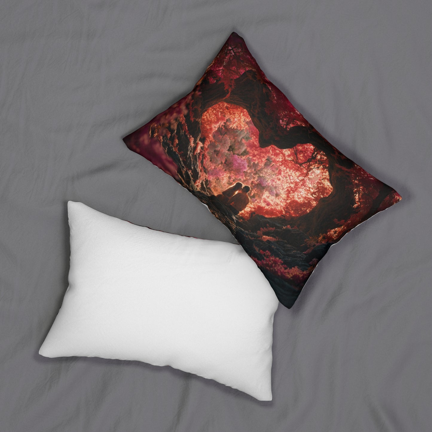 Crimson Canopy Lumbar Pillow – Whispers of Love in a Fuchsia Forest