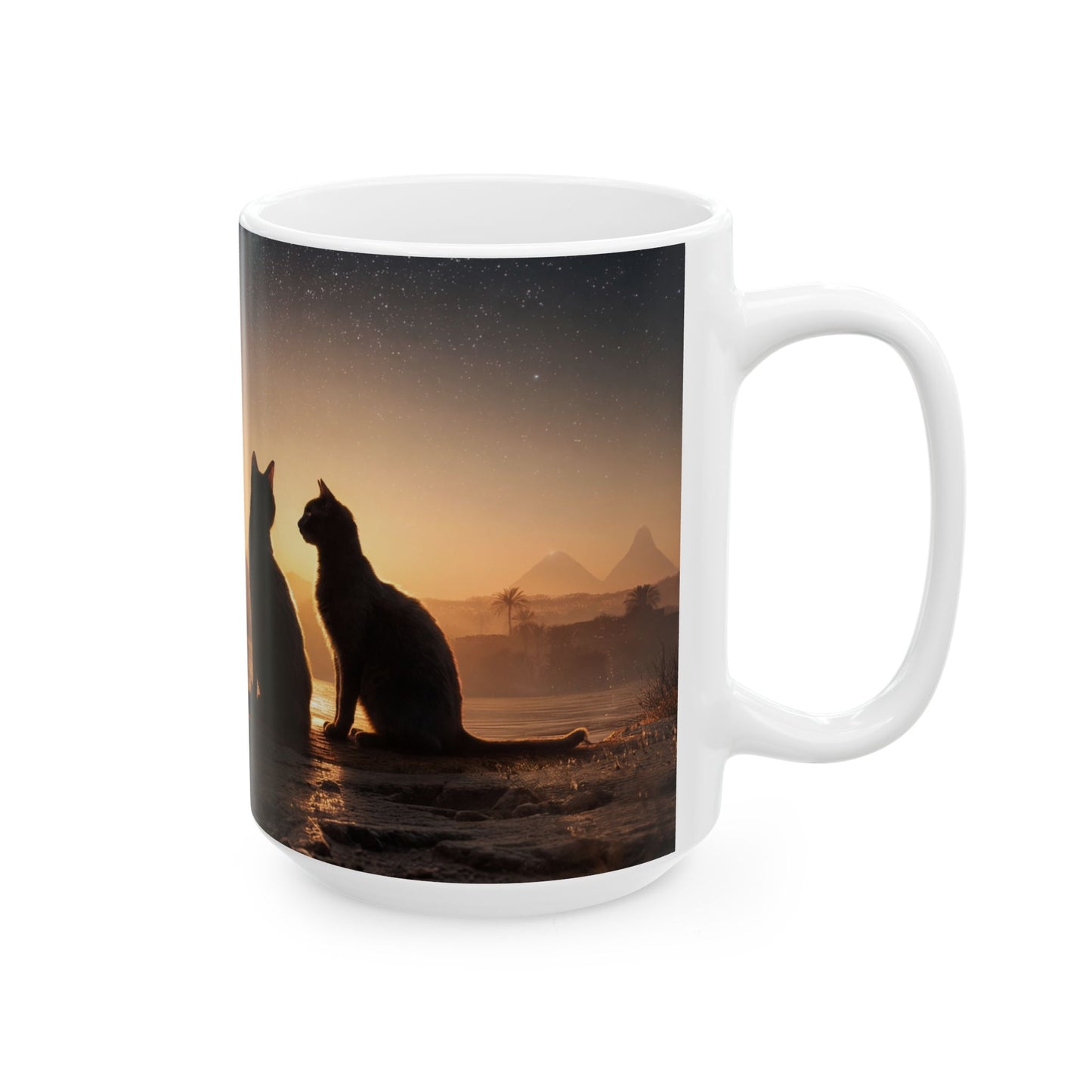 Starlit Pyramids Cat Mug – Ancient Nightwatchers Under Milky Way