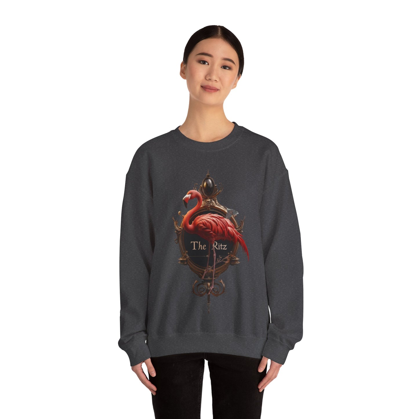 The Ritz Flamingo Unisex Heavy Blend™ Crewneck Sweatshirt – Ornate Gold Frame with Crimson Bird and Whimsical Sentinel