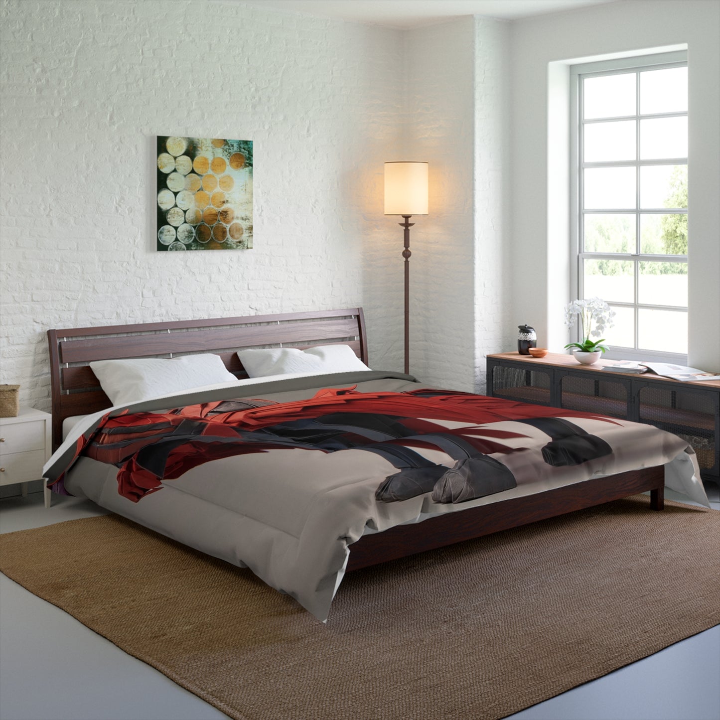 Paper Phoenix Comforter – Crimson Feathers in Quiet Vigil