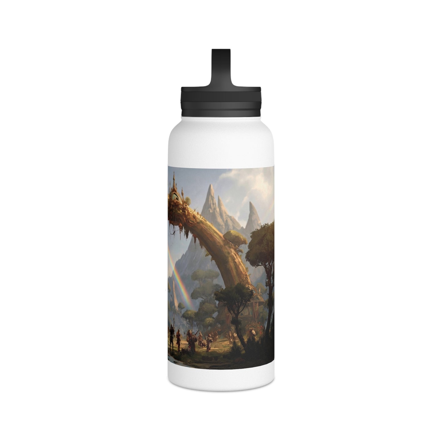 Arcane Grove Gateway Water Bottle – Handle Lid – Twin Rainbows Over Ancient Tree Citadel