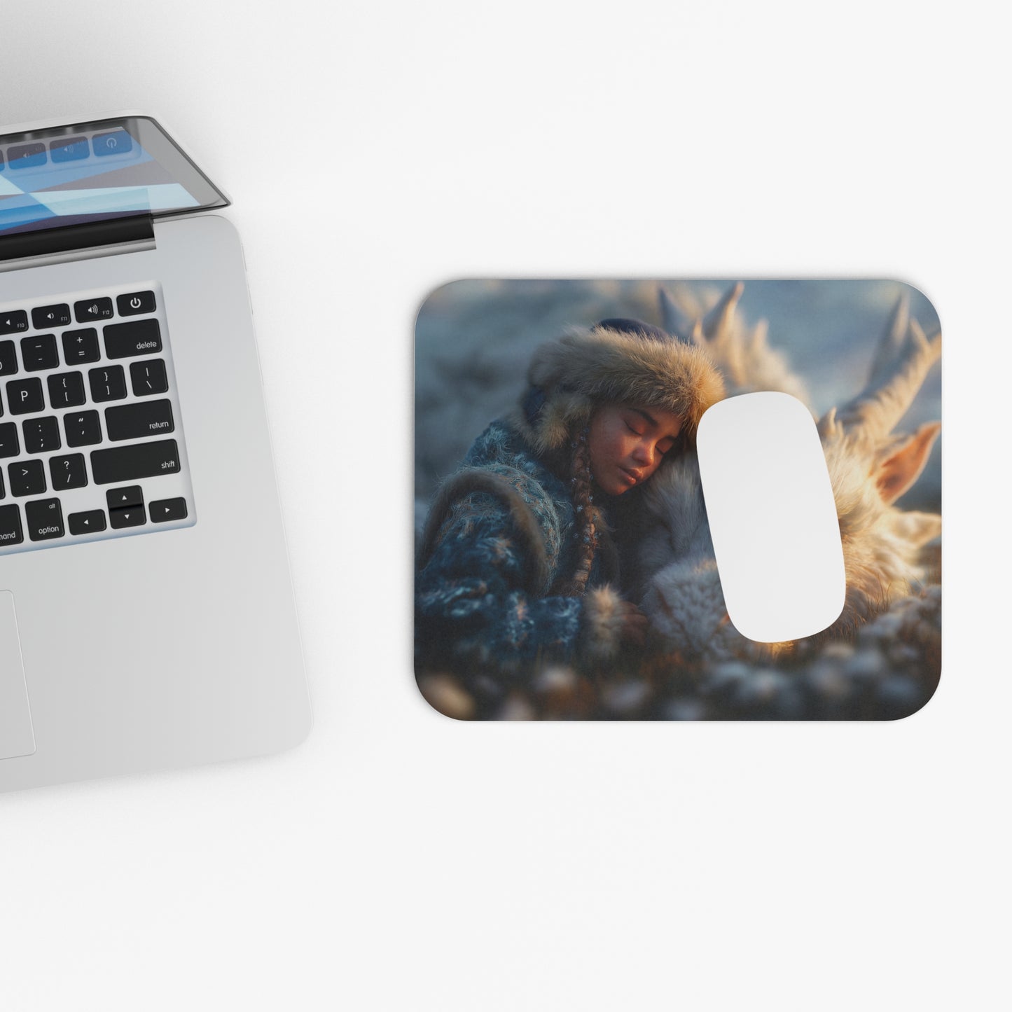 Girl and White Dragon Mouse Pad (Rectangle) – Sunset Serenity in Furred Whispers
