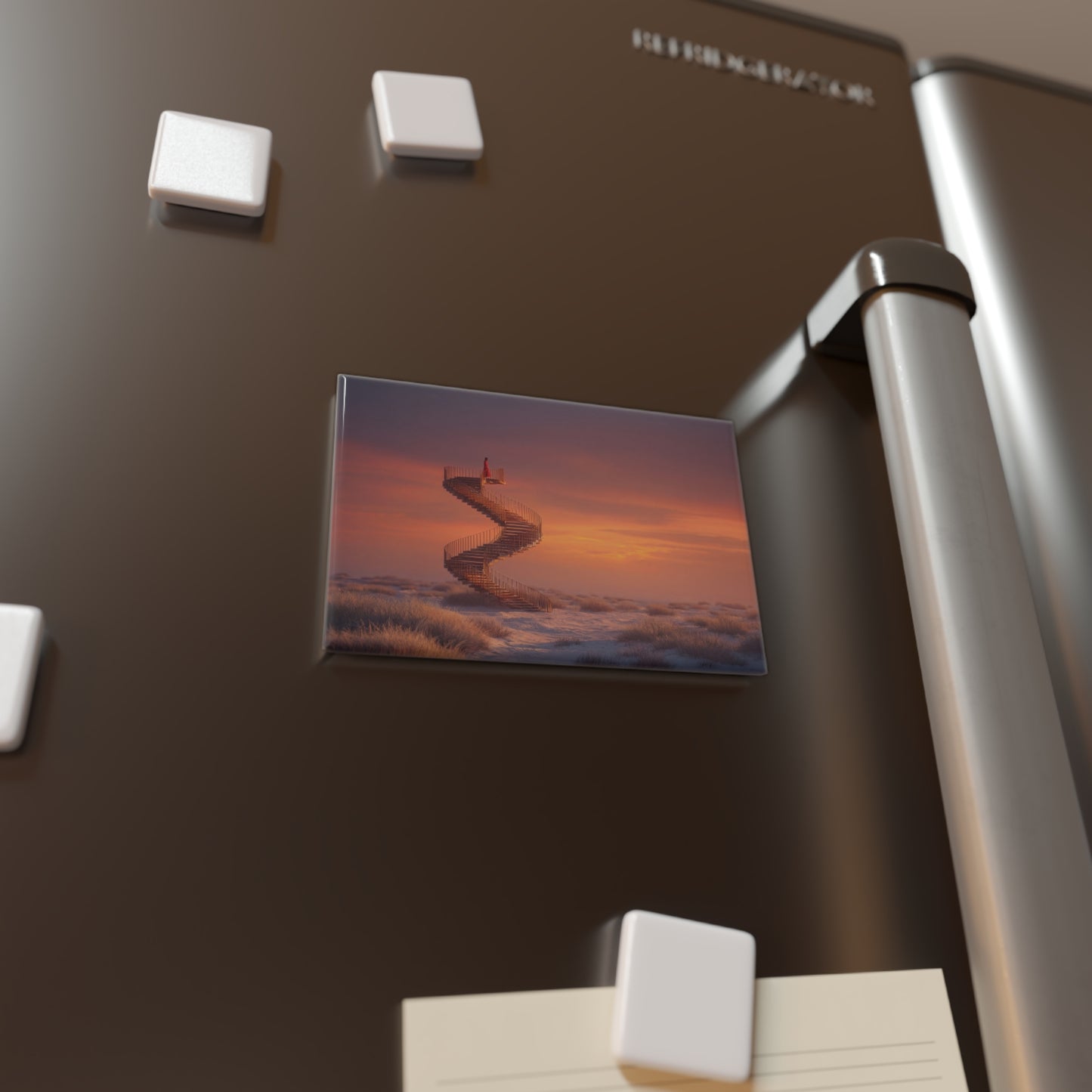 Spiral Staircase Sunset Magnet – Red Robe Ascension in Golden Twilight
