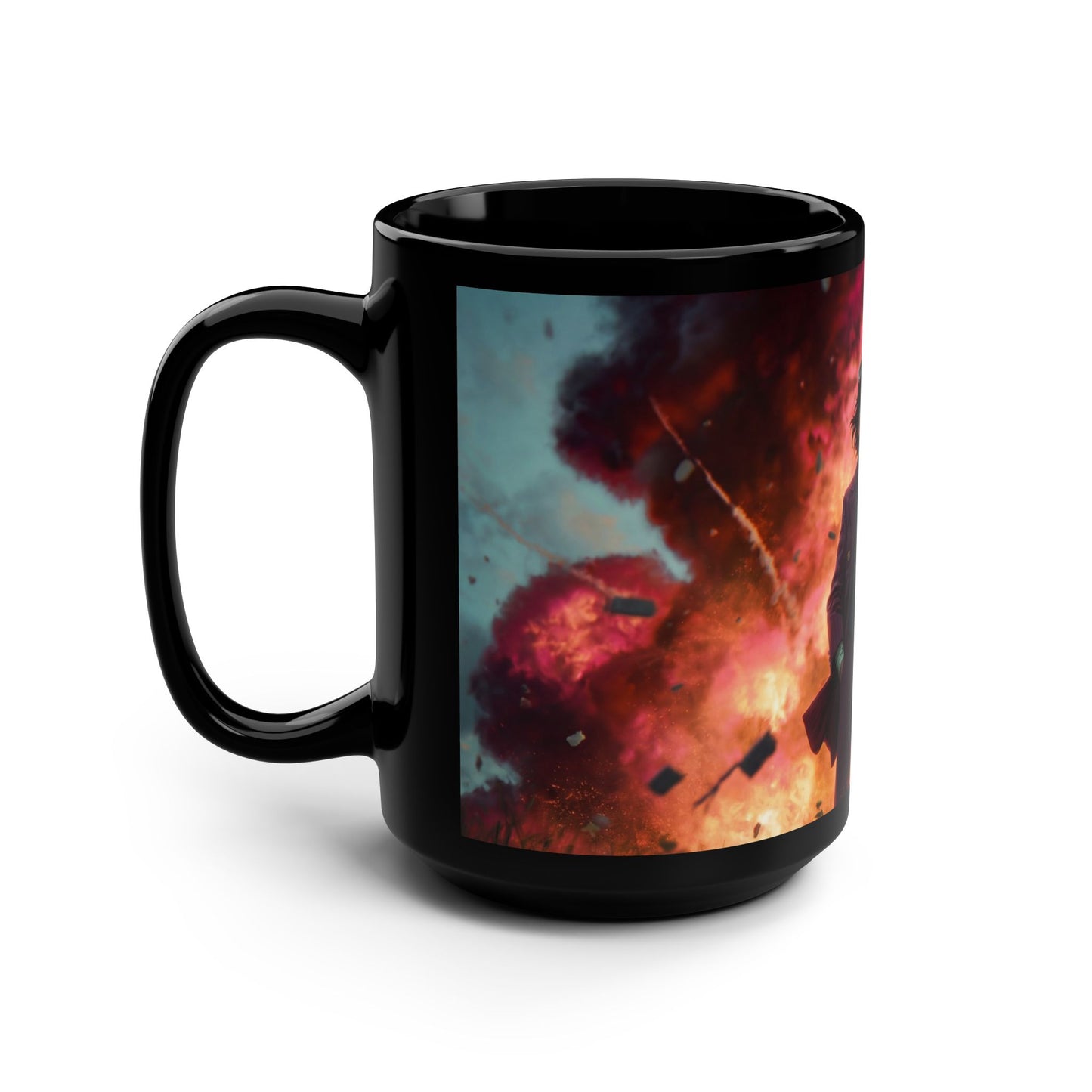Chaos Suit Black Mug, 15oz – Goggles and Explosive Backdrop