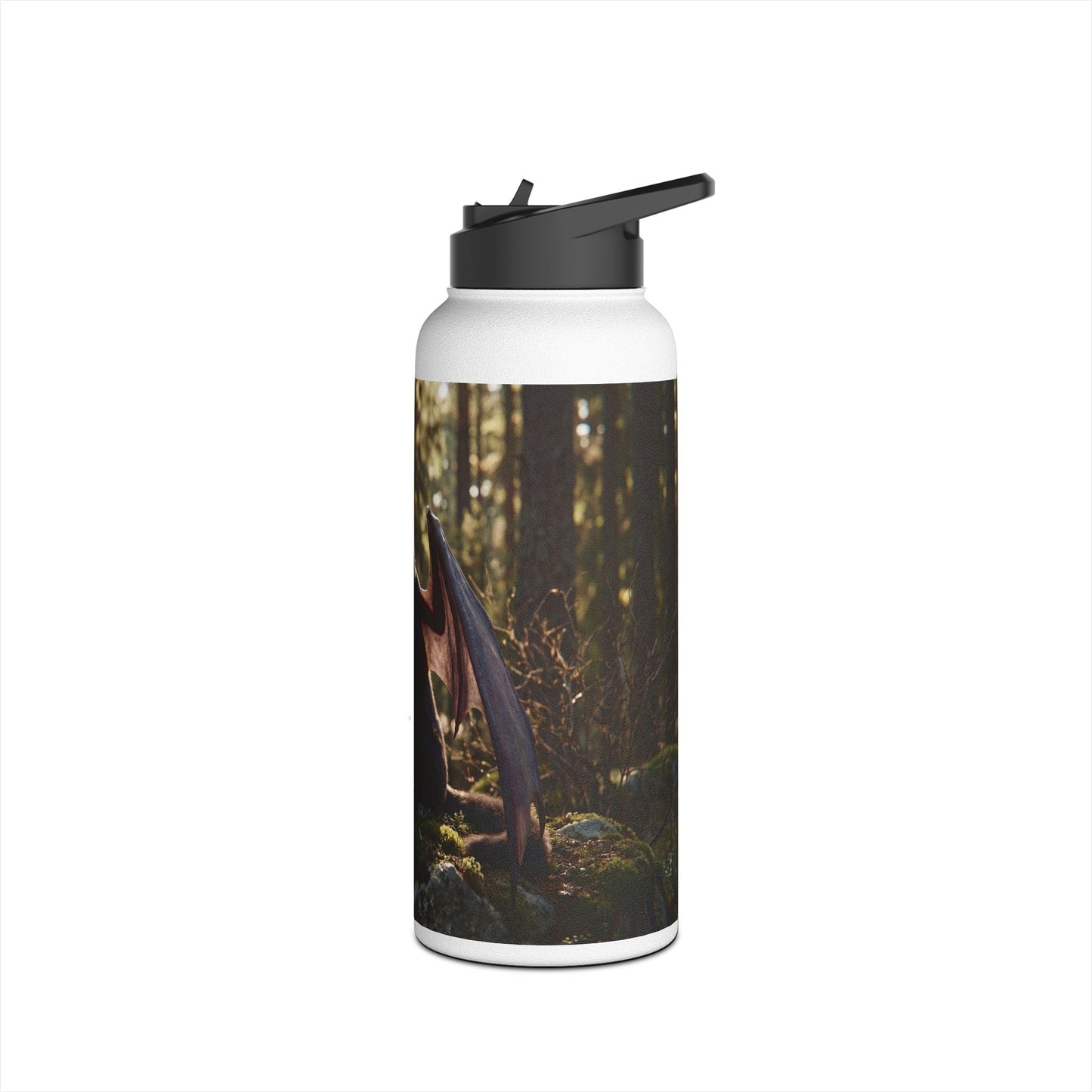 Winged Wolf in Sunlit Grove Stainless Steel Water Bottle, Standard Lid – Guardian of the Mossy Pines