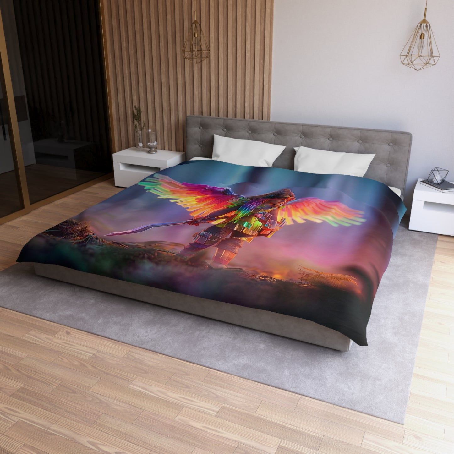 Prism Winged Sentinel Microfiber Duvet Cover – Forest Dawn Guardian Dreamscape
