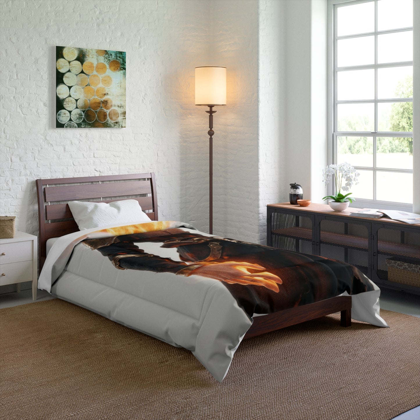 Flame-Headed Sentinel Comforter – Charred Armor and Whispering Fire