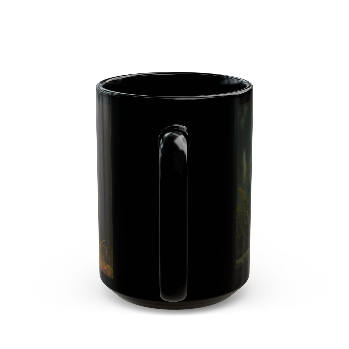 Forest Sentinel Black Mug – Glowing Eye Guardian in Twilight Grove