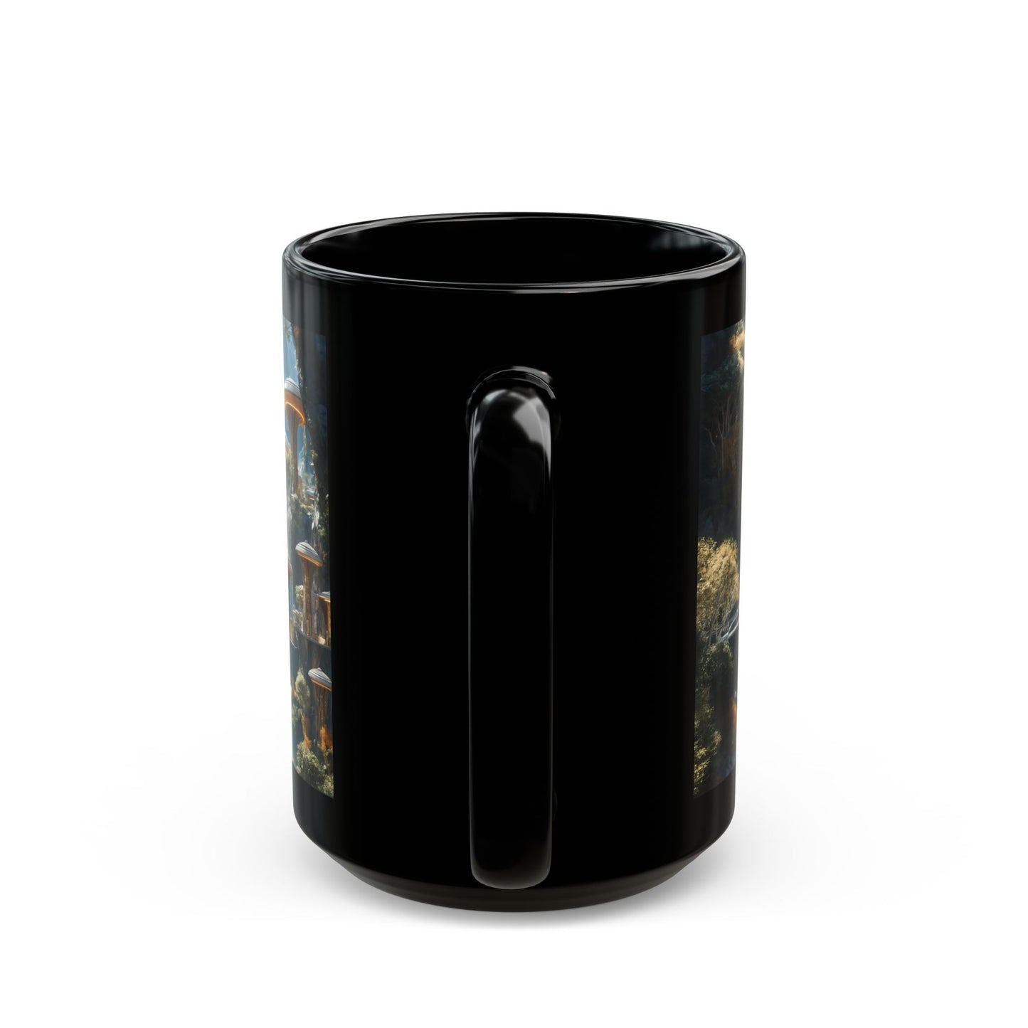 Floating Dome Village Black Mug – Sunlit Sky-Cliff Haven