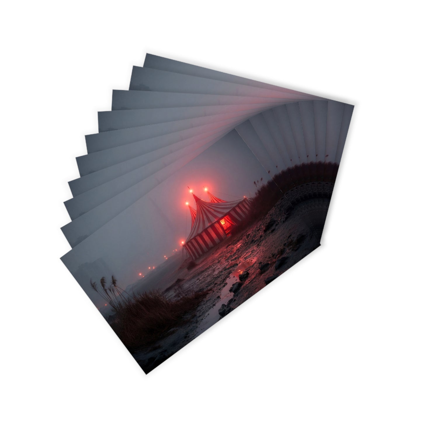 Crimson Carnival Tent Postcards (10pcs) – Fog-Wrapped Wonder on the Shore