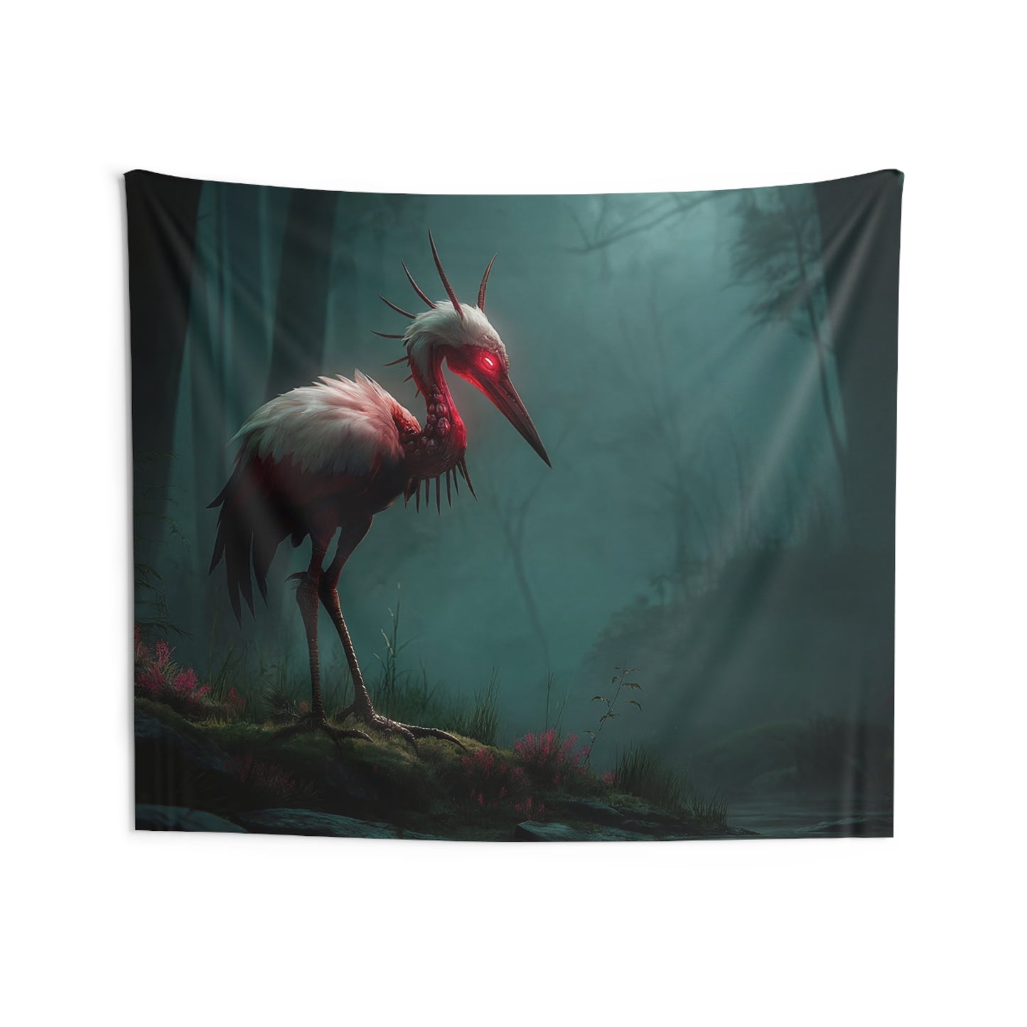 Crimson Sentinel Wall Tapestry – Forest Guardian in Misty Twilight