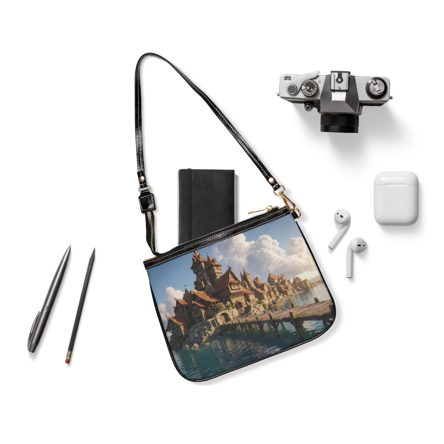 Coastal Viking Village Shoulder Bag – Sunlit Stone & Timber Dreamscape