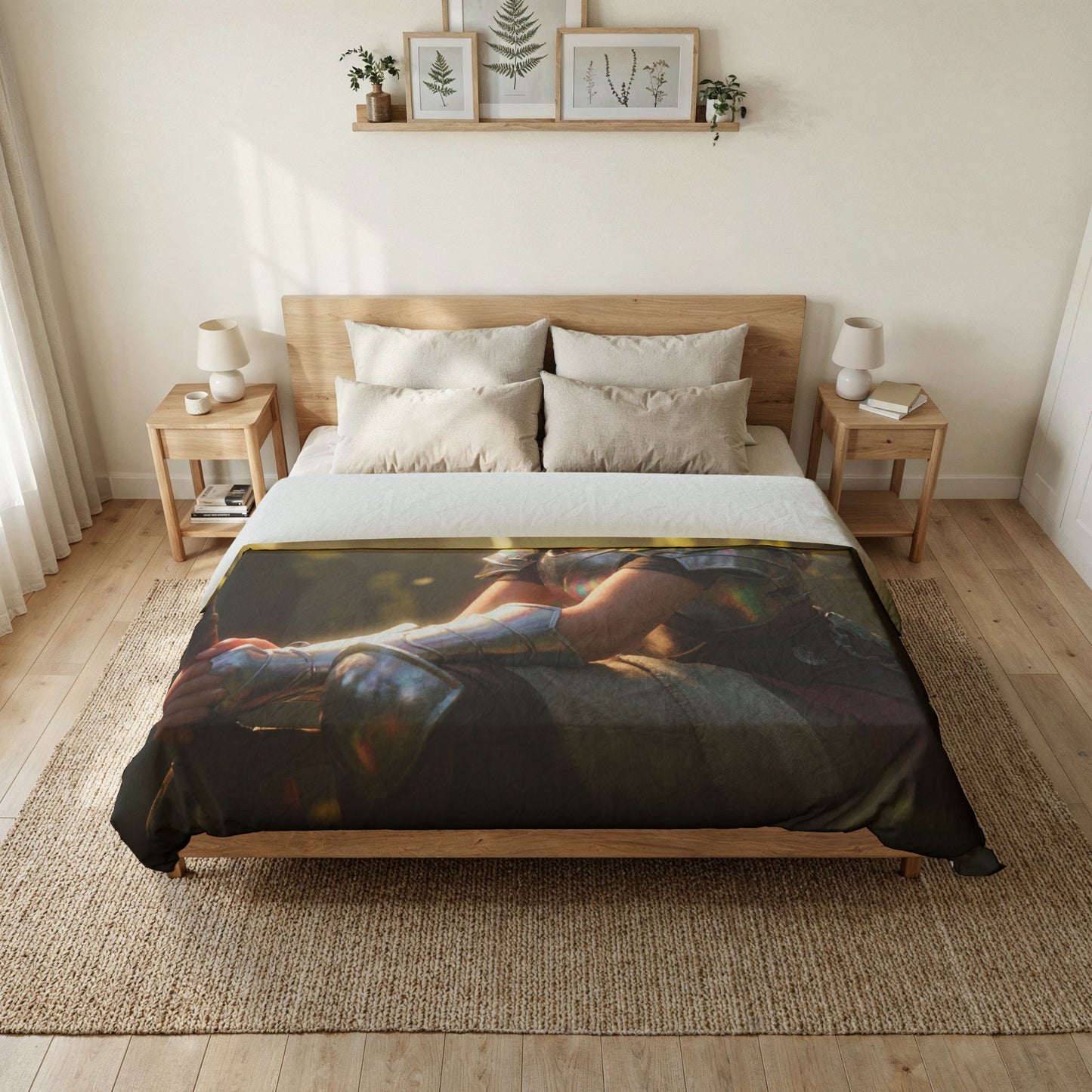 Elven Knight & Dragon Cotton Duvet Cover – Iridescent Forest Guardian Tapestry