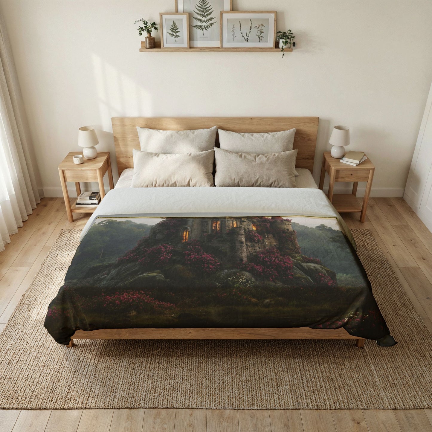 Blossom-Covered Castle Cotton Duvet Cover – Pink Spire Sanctuary