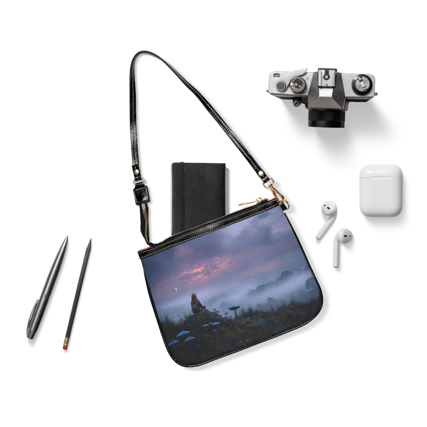 Moonlit Mycophile Shoulder Bag – Twilight Grove with Giant Mushrooms