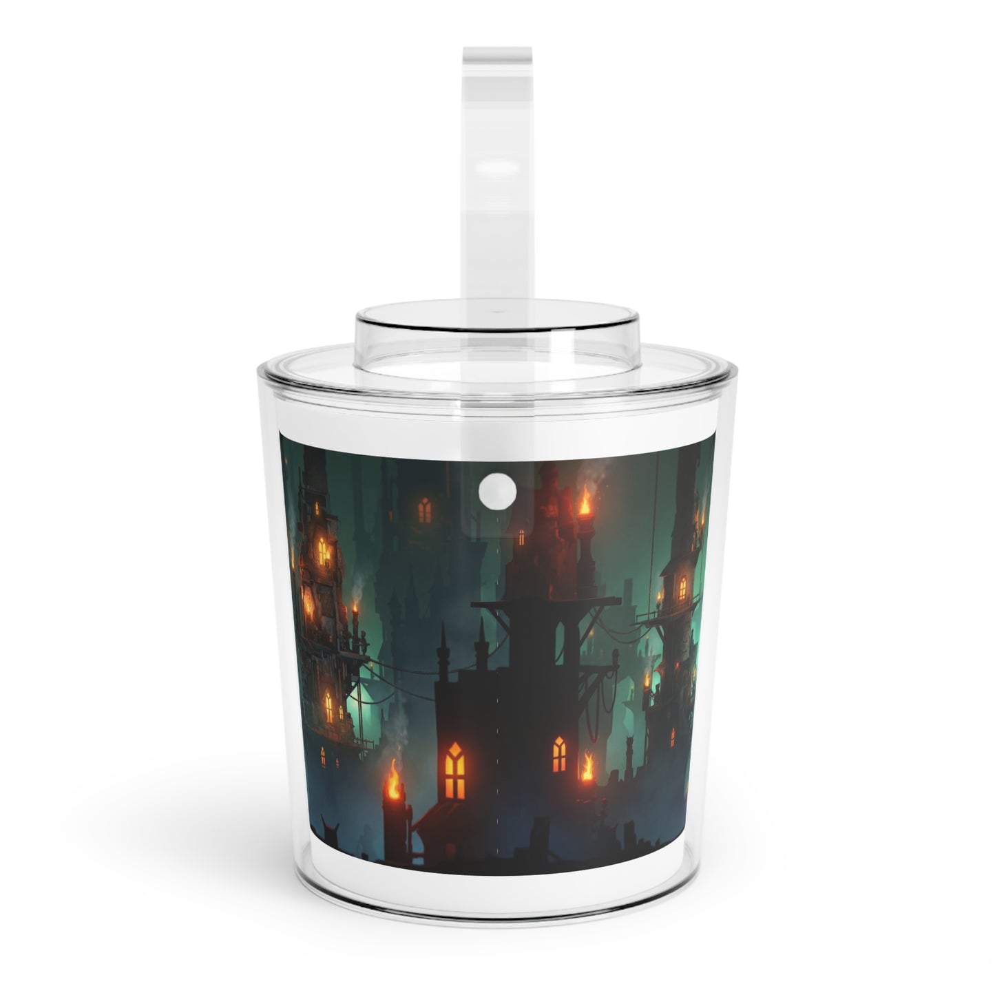 Floating City at Dusk Ice Bucket with Tongs – Amber Lights in Misty Skies
