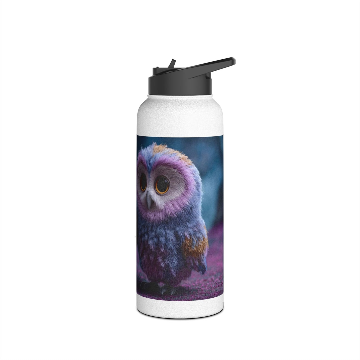 Purple Owl with Velvet Heart Stainless Steel Water Bottle, Standard Lid – Midnight Whimsy Companion