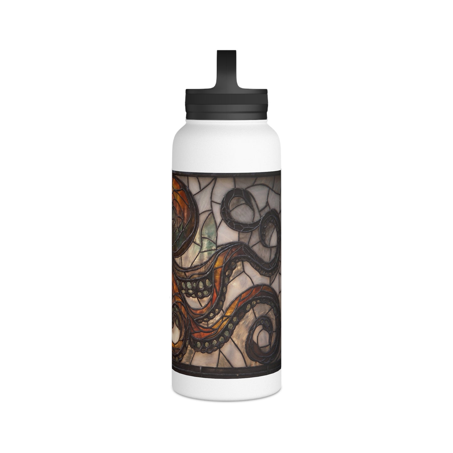 Stained Glass Octopus Water Bottle – Amber Depths & Iron Lace Design