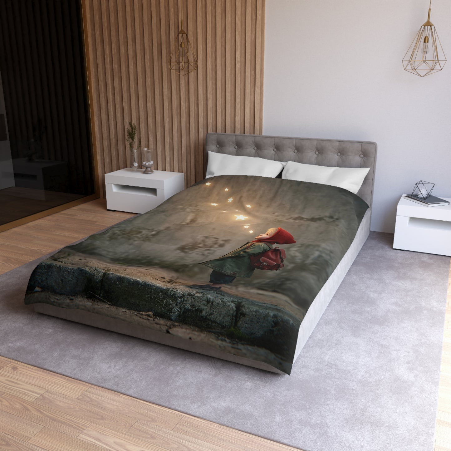 Star-Seeking Child Microfiber Duvet Cover – Warm Glow Against Weathered Stone