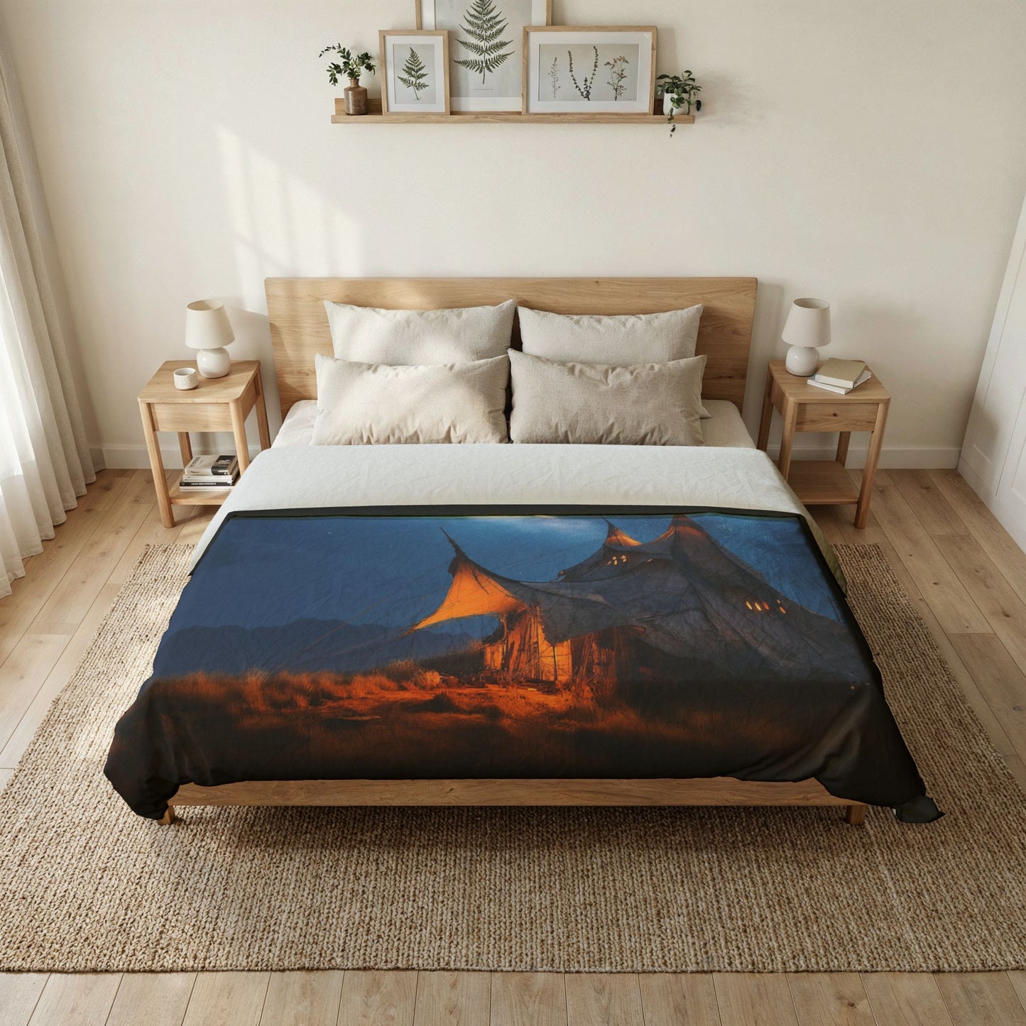 Stargazer’s Keep Cotton Duvet Cover – Lantern-Lit Desert Sentinel