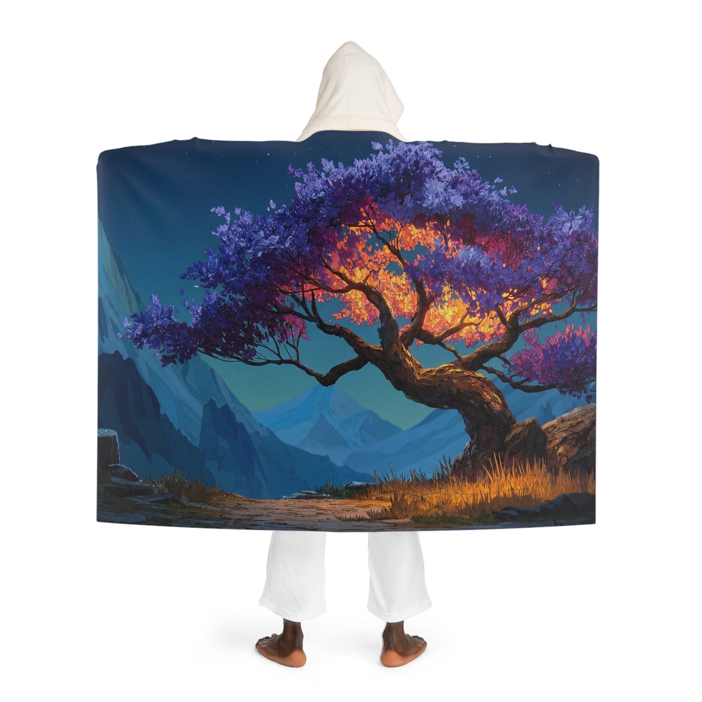 Celestial Tree Hooded Sherpa Fleece Blanket – Twilight Bloom Dreamscape