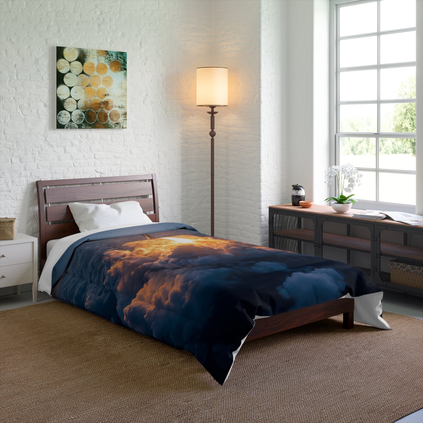 Rocket Ascension Comforter – Sunburst Launch Through Cloudscape
