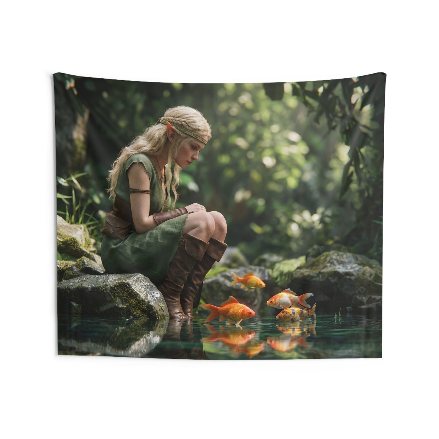 Elven Forest Companion Indoor Wall Tapestries – Golden Fish Reflections in Sunlit Glade