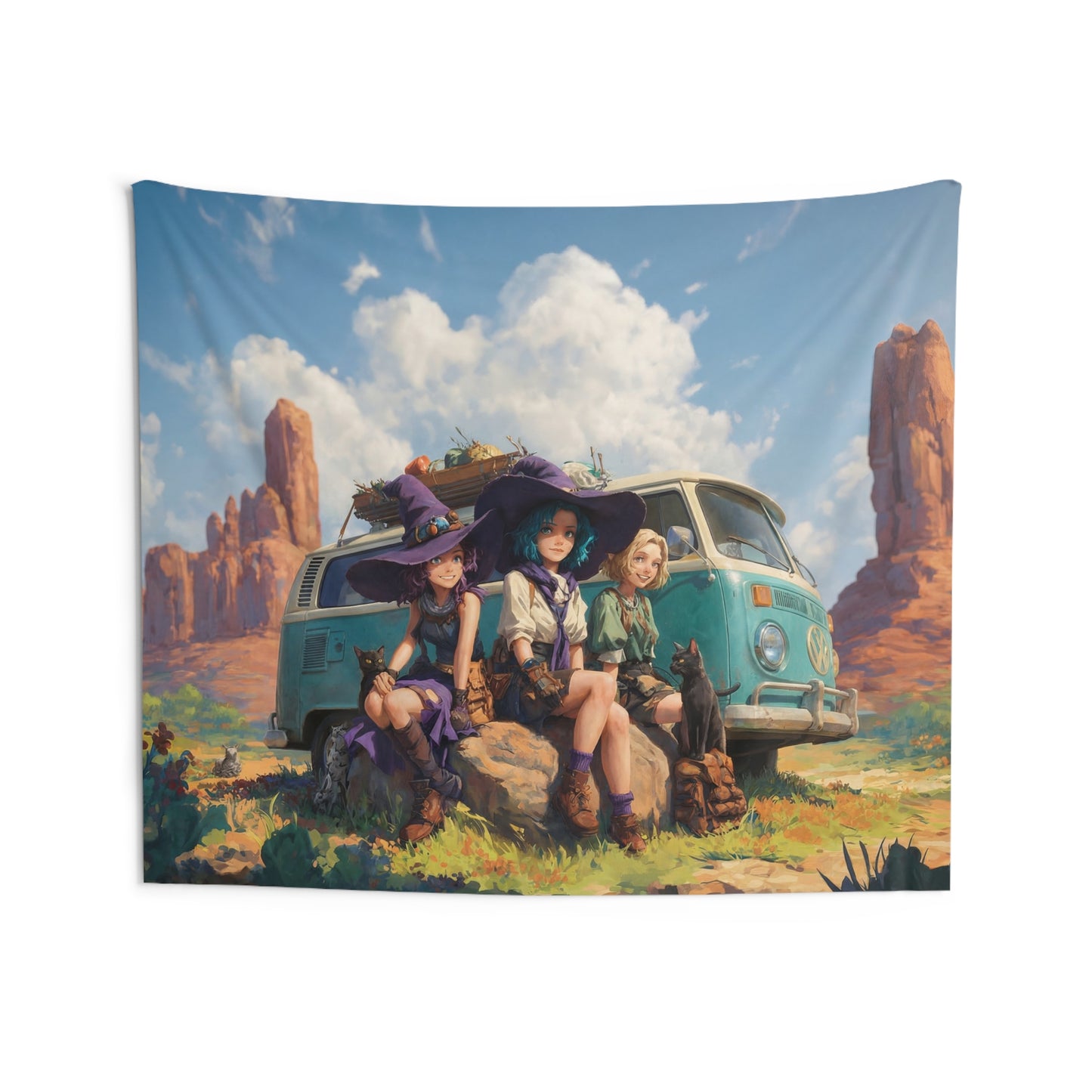 Witch Trio Van Adventure Indoor Wall Tapestries – Sun-Kissed Southwest Odyssey