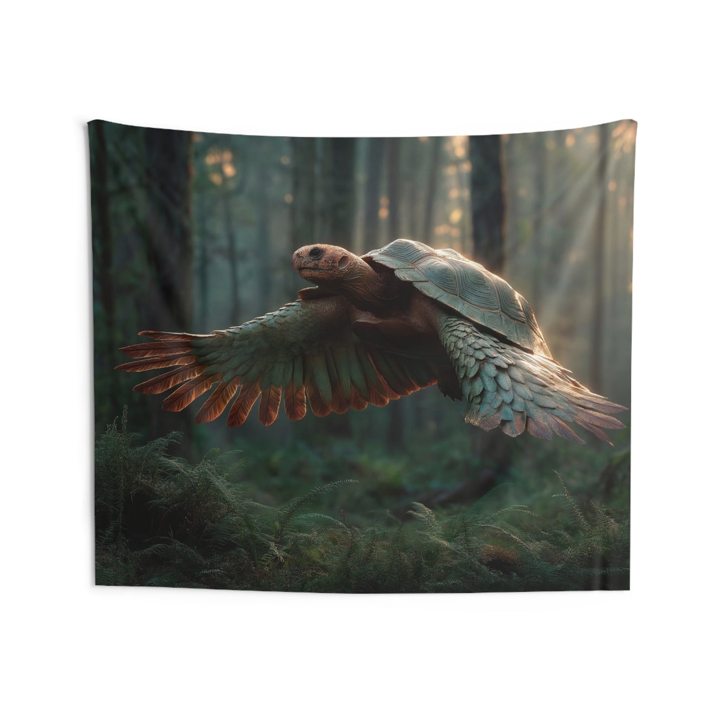 Winged Tortoise Forest Tapestries – Sunlit Flight Through Ancient Canopy