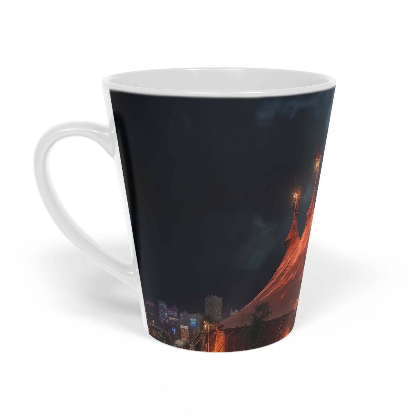 Crimson Circus Tent Latte Mug, 12oz – Neon Nightscape Under Stormy Skies