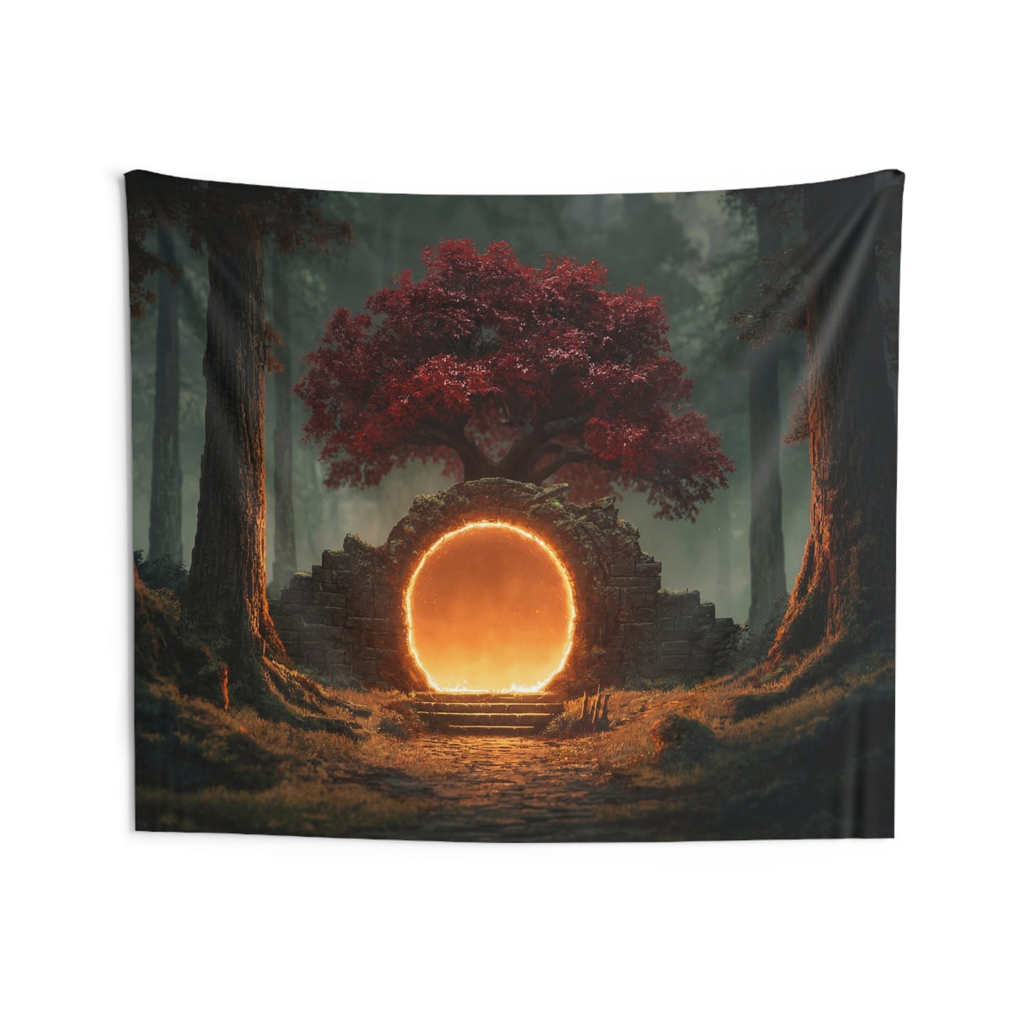 Whispering Gate Forest Tapestry – Crimson Tree Portal Dreamscape