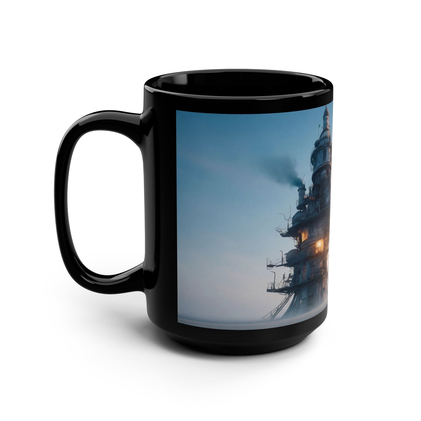 Rustic Tower Black Mug, 15oz – Industrial Dawn Sentinel