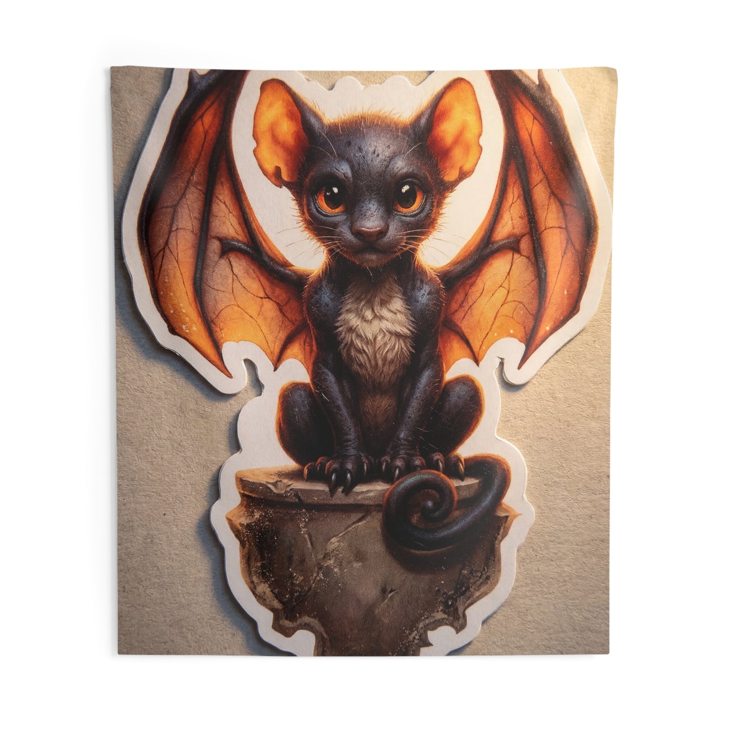 Winged Feline Sentinel Indoor Wall Tapestries – Warm Glow in Midnight Wings