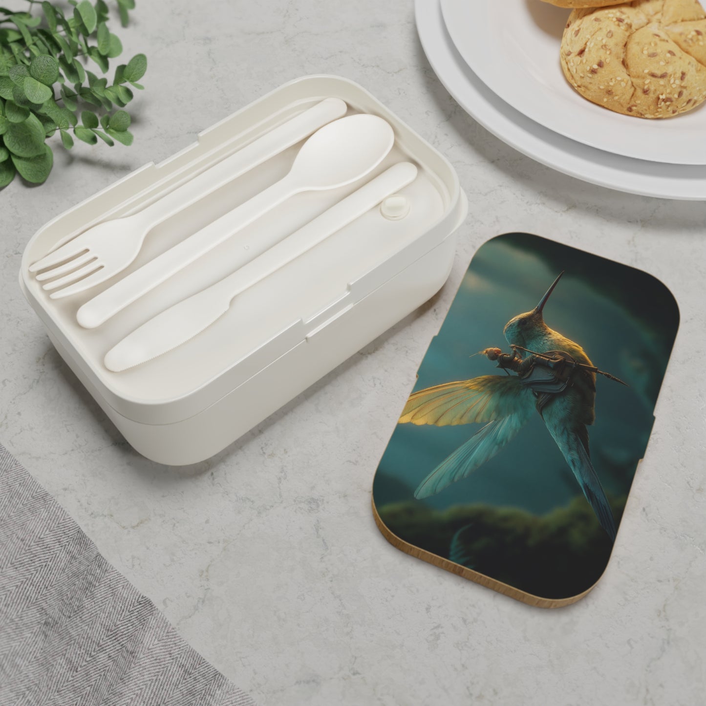 Tiny Knight on Hummingbird Bento Lunch Box – Whispers of the Emerald Canopy