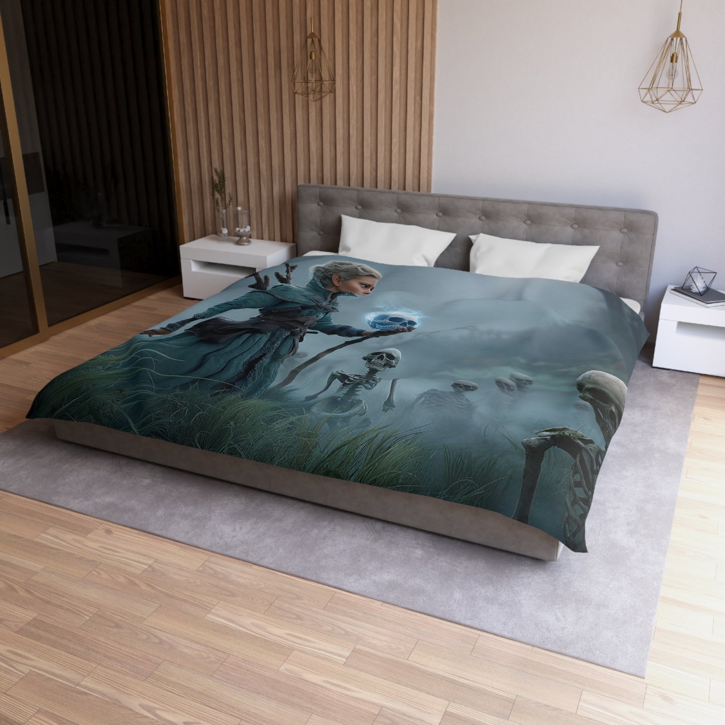 Blue-Skull Witch Duvet Cover – Misty Grove Necromancer Dreamscape