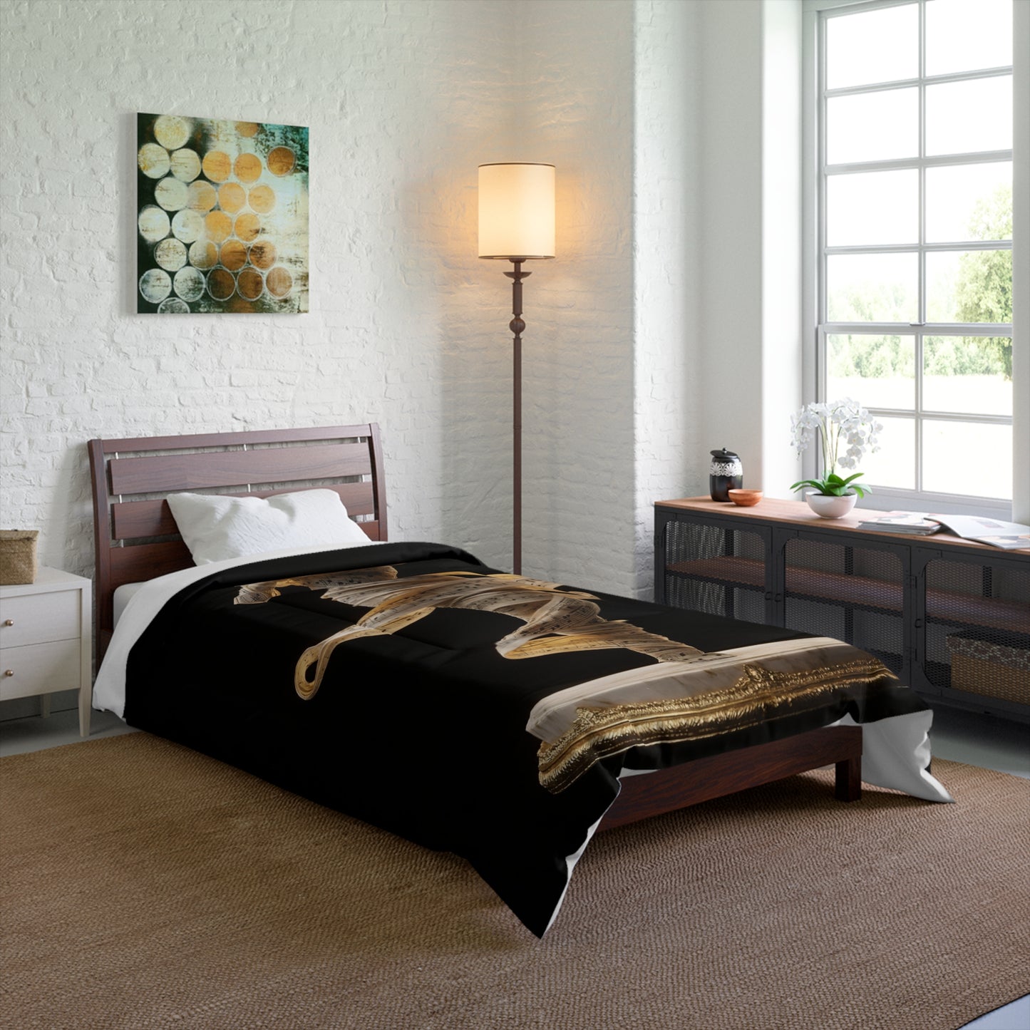 Melodic Muse Comforter – Golden Sheet Music Whirlwind