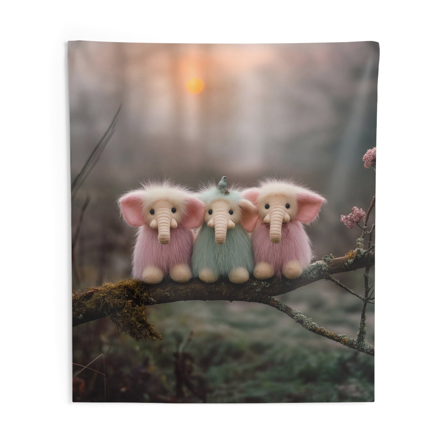 Trio of Furry Elephants Indoor Wall Tapestries – Dawn’s Whisper in the Mist