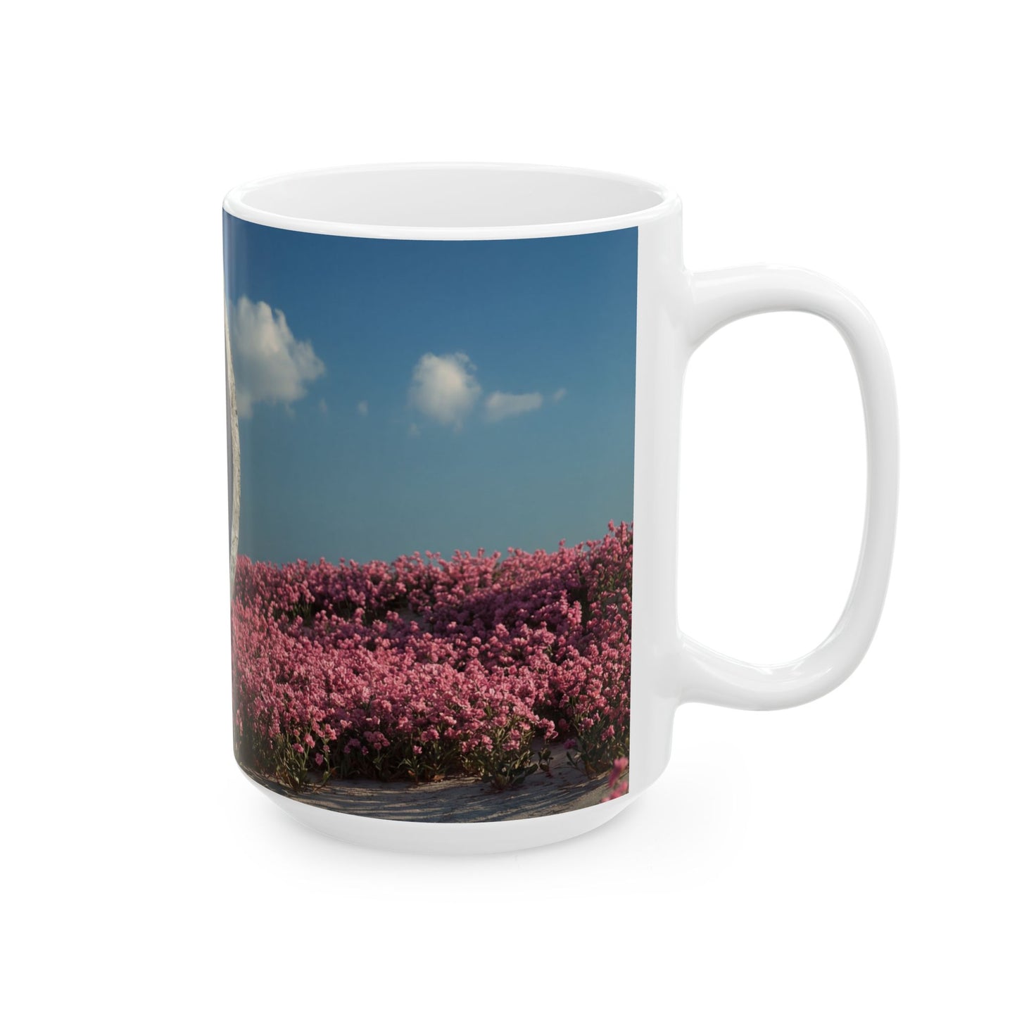 Stone Ring in Pink Bloom Field Ceramic Mug – Serene Portal to Wildflowers