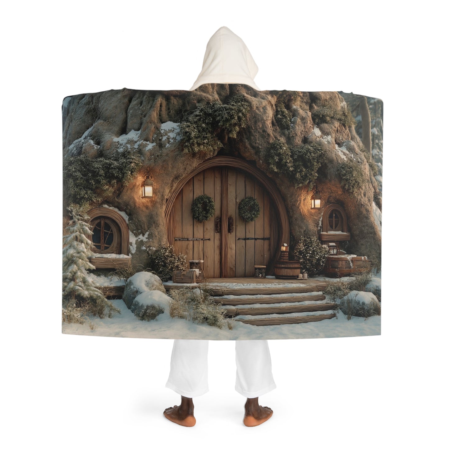 Winter Treehouse Sanctuary Hooded Sherpa Fleece Blanket – Snow-Kissed Hearth Glow