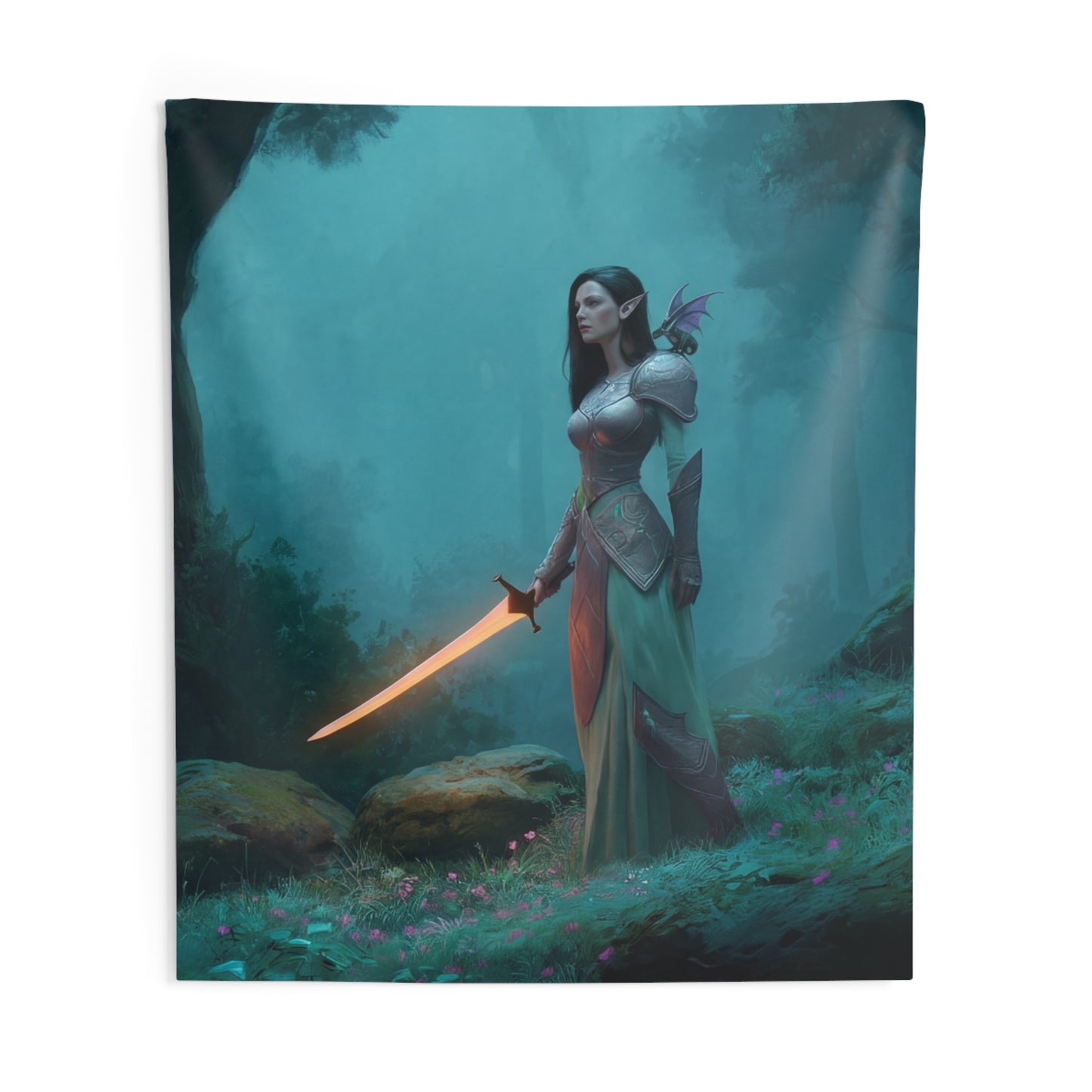 Elven Sentinel Indoor Wall Tapestries – Sword Lit by Twilight Moss