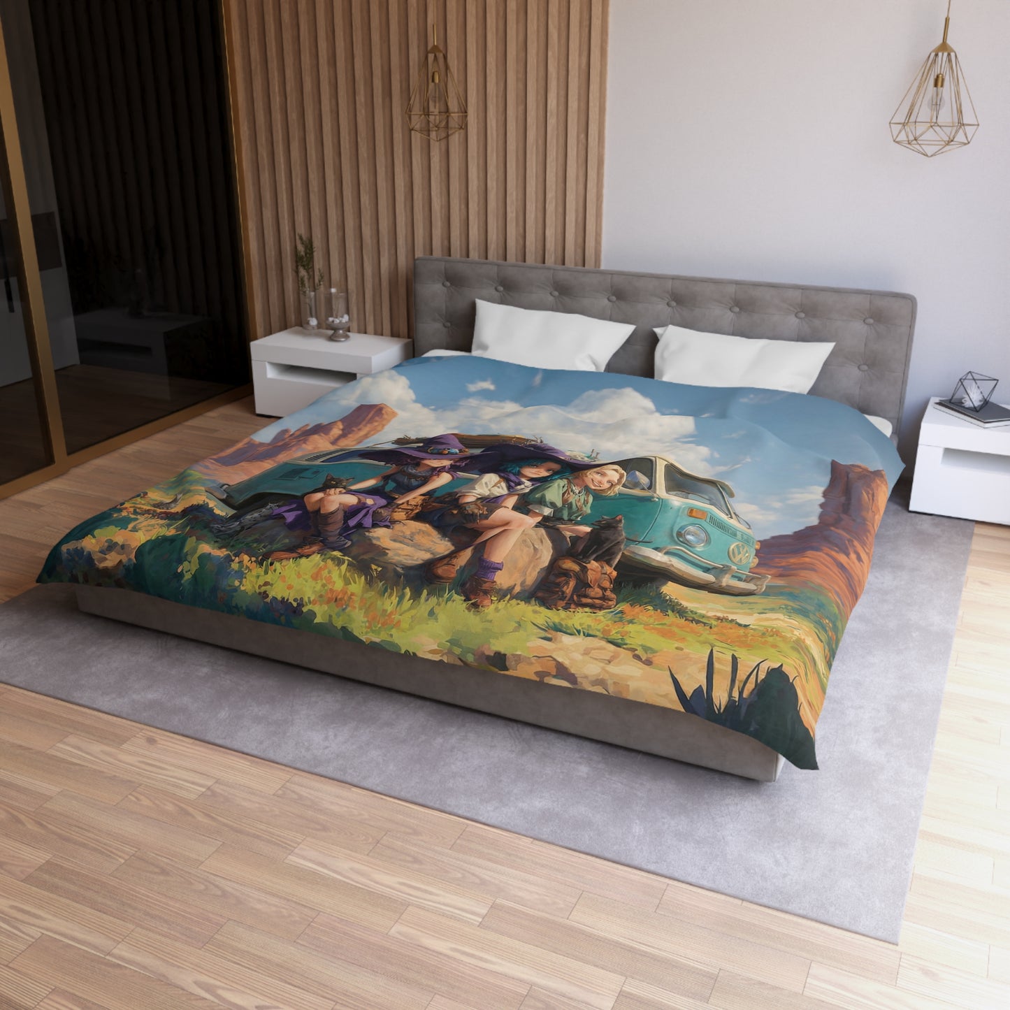 Three Witches’ Roadtrip Duvet Cover – Sunlit Desert Adventure