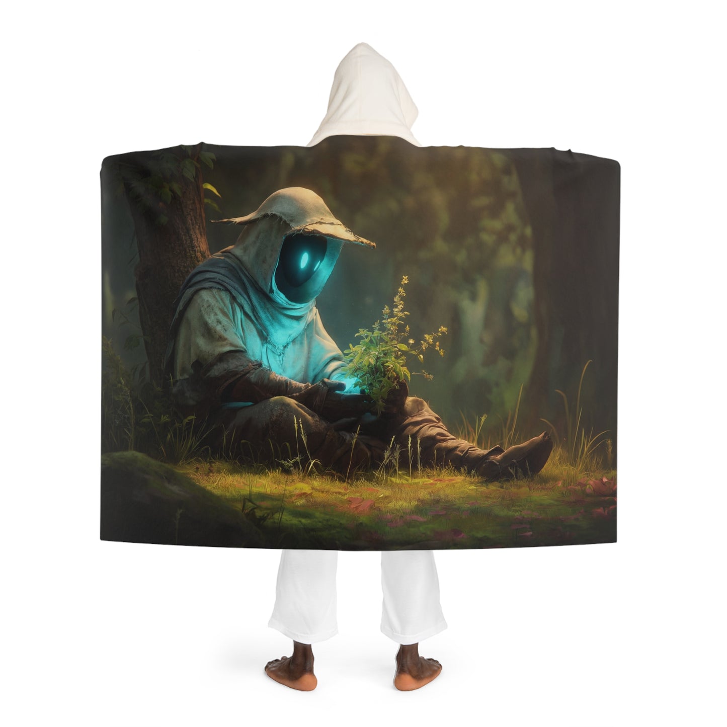 Forest Sentinel Hooded Sherpa Fleece Blanket – Cyan Glow in the Twilight Grove