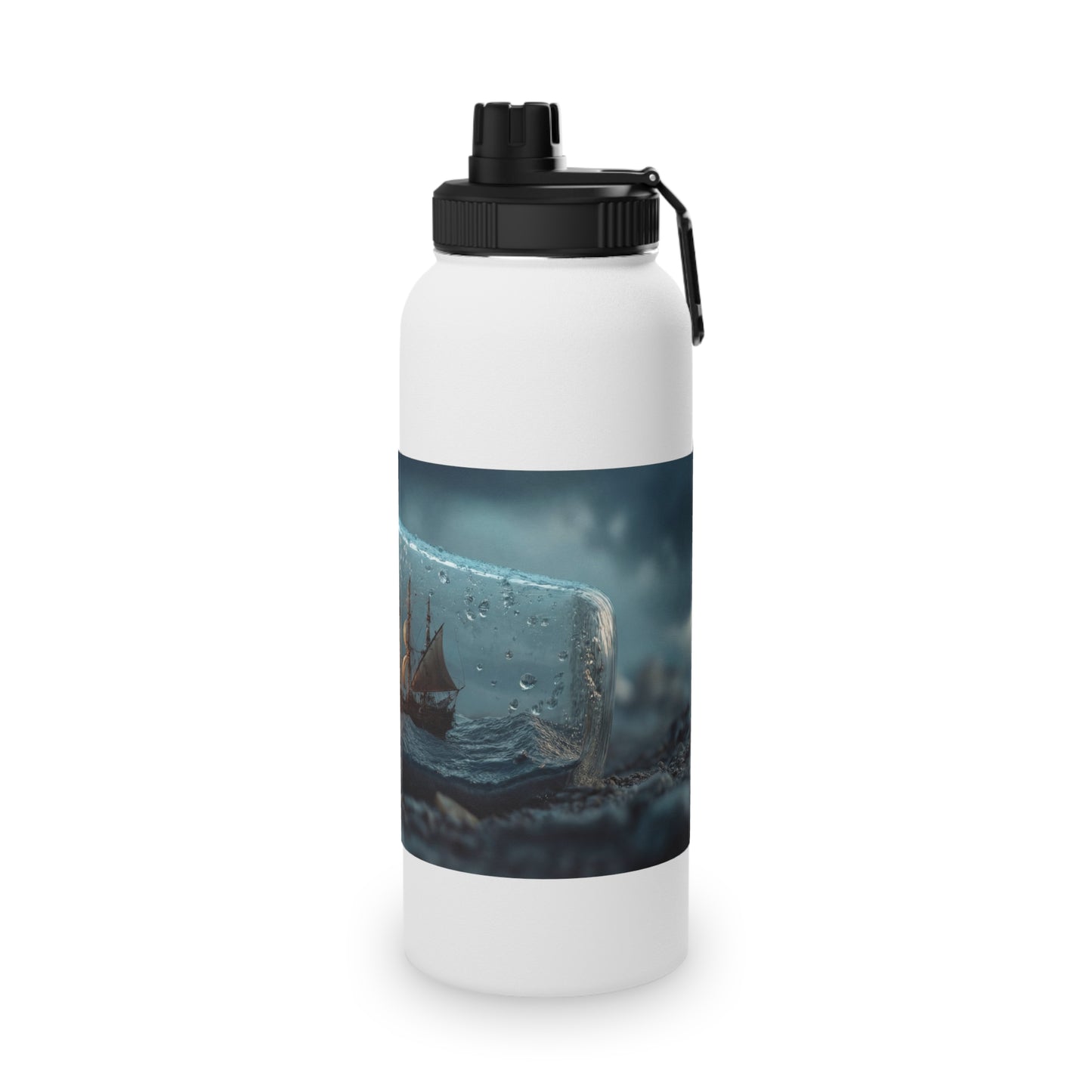 Storm-Sailed Ship in Bottle Stainless Steel Water Bottle, Sports Lid – Captured Tempest at Sea