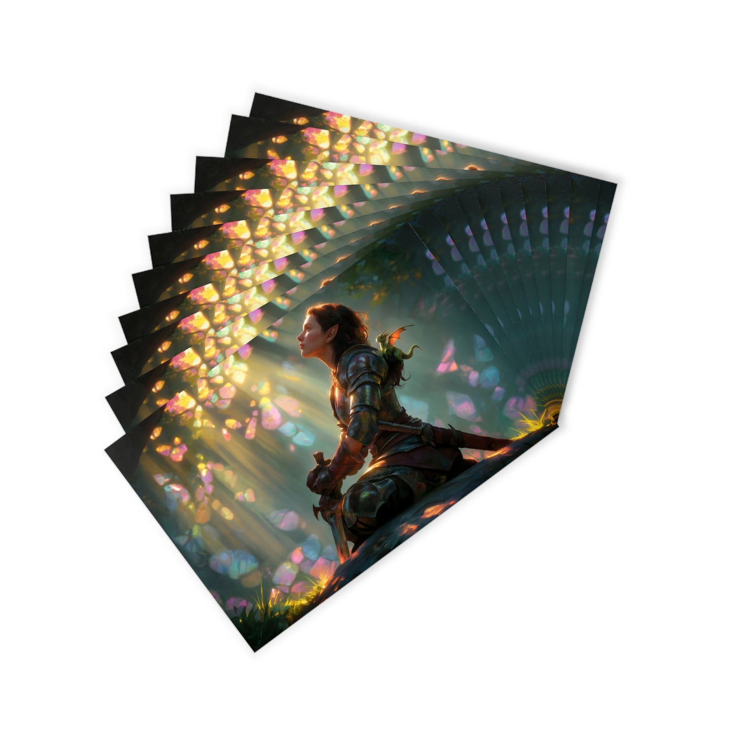 Crystal Grove Knight Postcards (10pcs) – Sunlit Armor and Mini Dragon