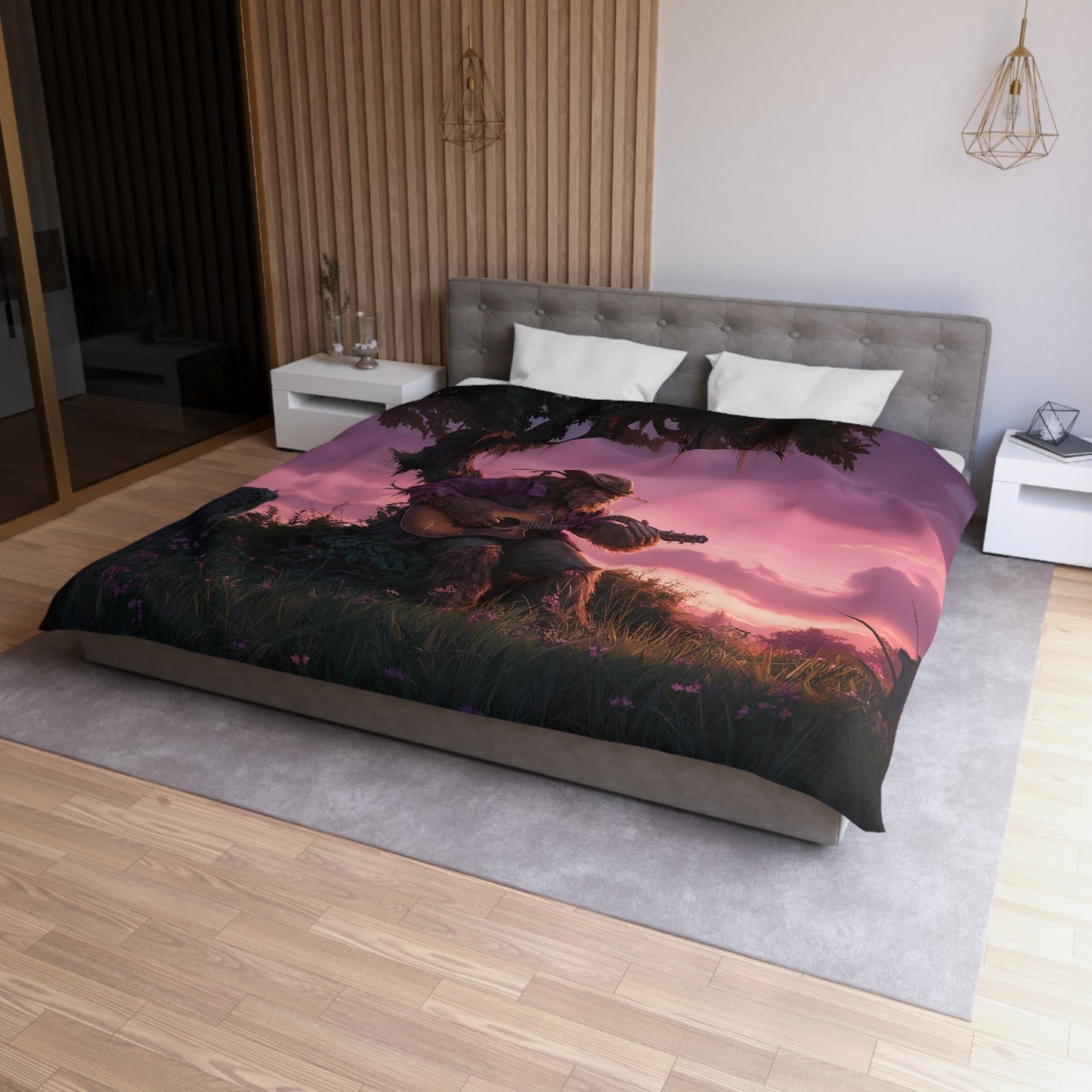 Swamp Folk Guitarist Microfiber Duvet Cover – Twilight Serenade Beneath the Mossy Oak