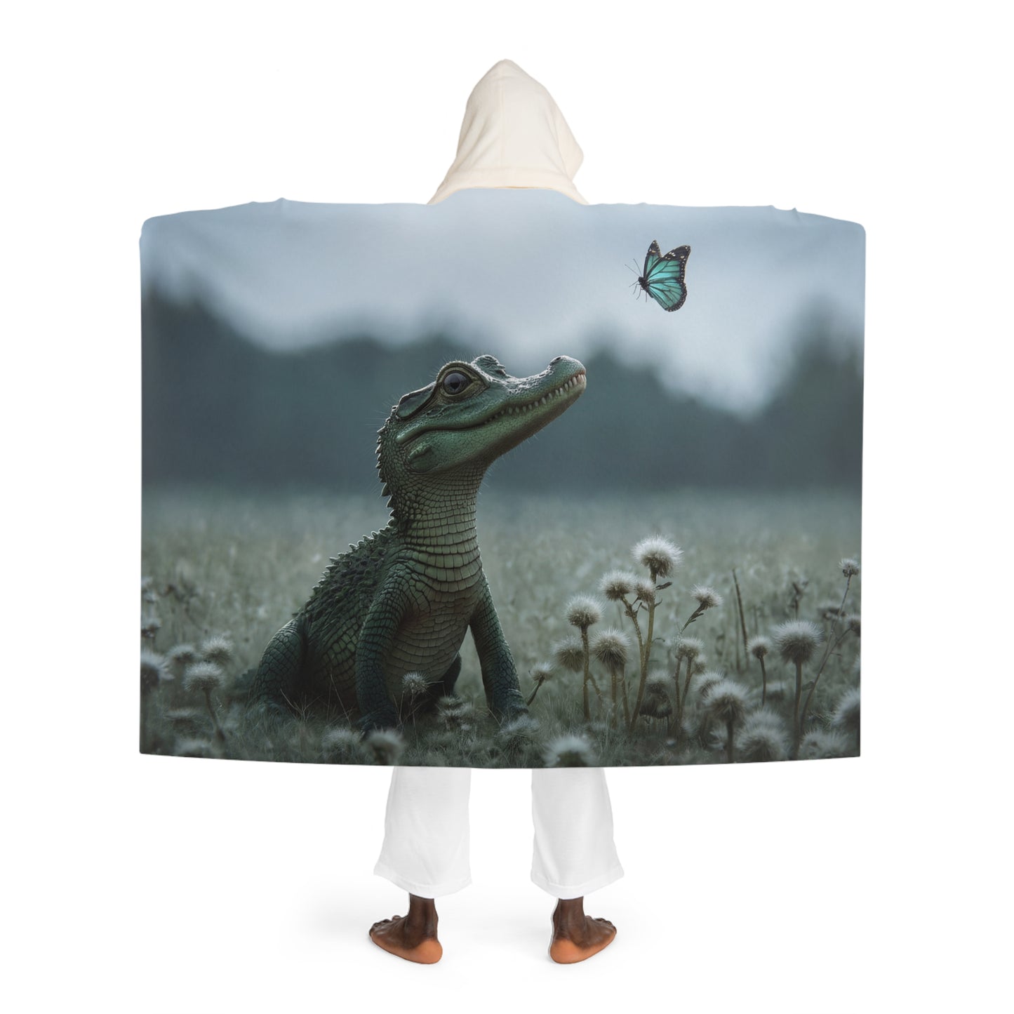 Tender Croc & Blue Butterfly Hooded Sherpa Fleece Blanket – Mossy Meadow Gaze