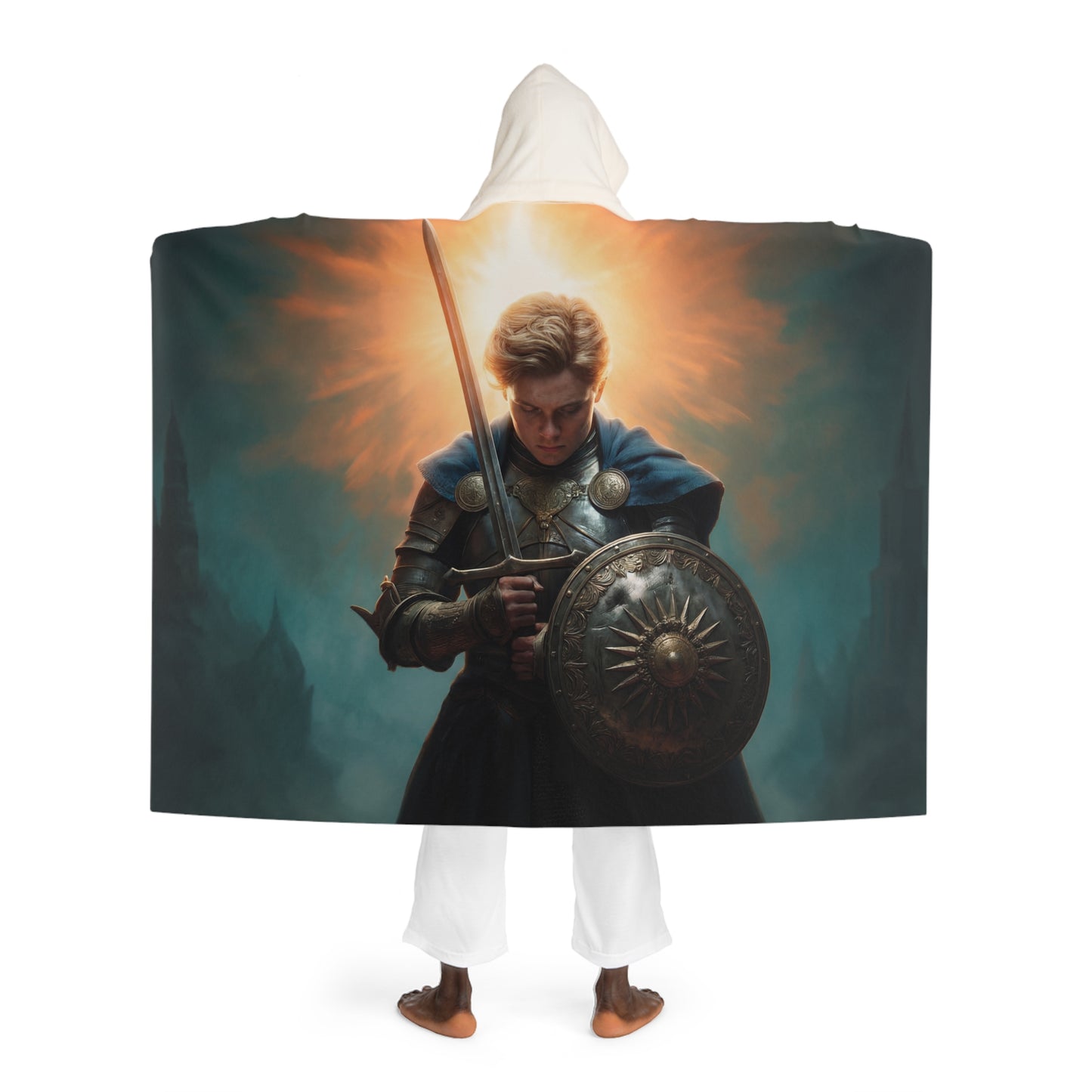 Dawnblade Sentinel Hooded Sherpa Fleece Blanket – Sunlit Resolve in Misty Ruins